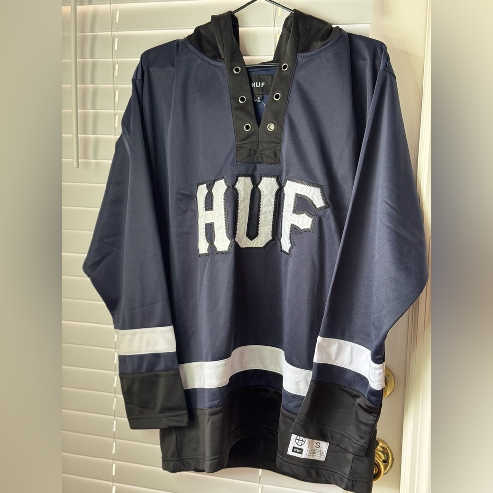 HUF Worldwide size Small Hockey Jersey Style Hoodie Navy/White. - Picture 4 of 11